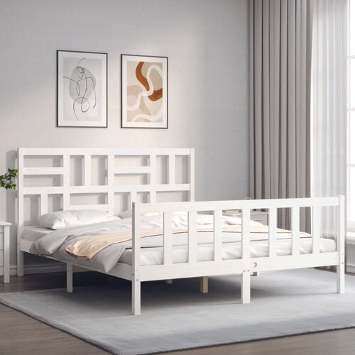  The Living Store Posteljni okvir z vzglavjem bel trden les - Posteljni Okvir, (21444493) Slike