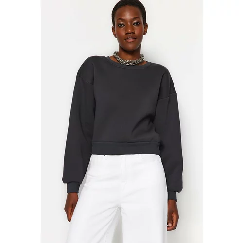 Trendyol Anthracite Comfortable Cut Crop Basic Crew Neck Fleece Inside Knitted Sweatshirt