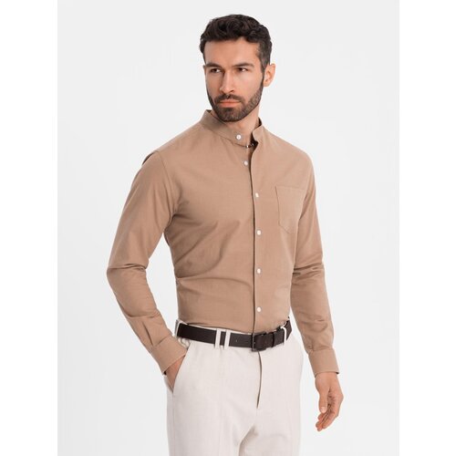 Ombre Men's linen shirt with stand-up collar and pocket REGULAR FIT - light brown Cene