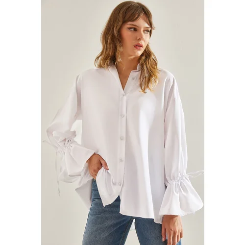 Bianco Lucci Women's Pleated Back Detailed Stone Buttoned Sleeve Gathered Shirt