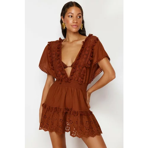 Trendyol Brown Mini Woven Embroidery Detailed 100% Cotton Beach Dress