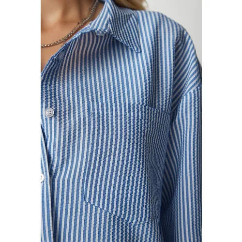 Happiness İstanbul Women's Sky Blue Pinstripe Crop Shirt