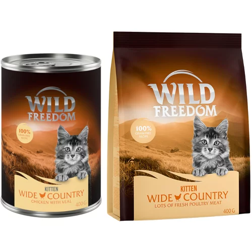 Wild Freedom mokra hrana 12 x 400 g + suha hrana 400 g po posebni ceni! - Wide Country Kitten - teletina in piščanec + perutnina - brez žit