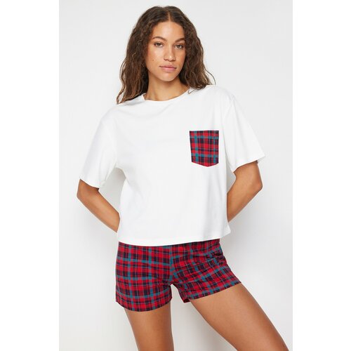 Trendyol White 100% Cotton Plaid Tshirt-Shorts Knitted Pajamas Set Slike