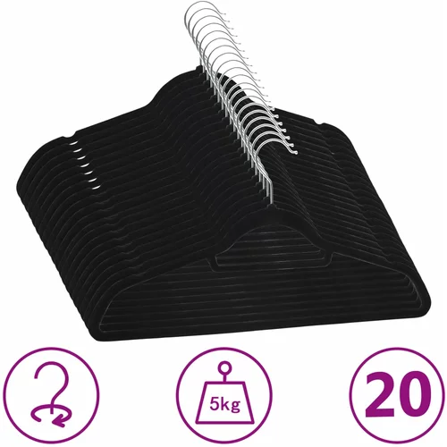  20-dijelni set vješalica za odjeću protuklizni crni baršunasti