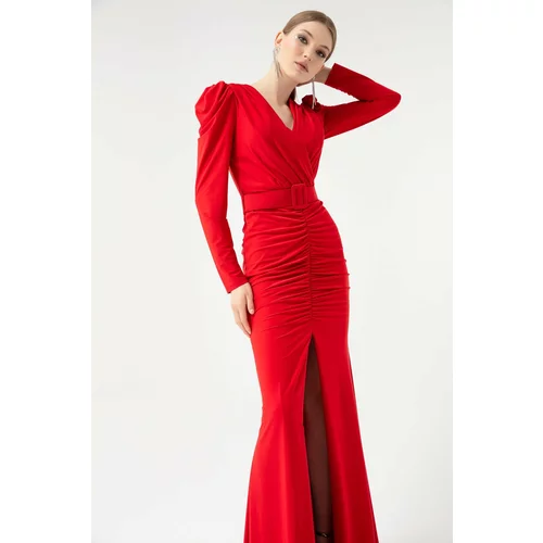 Lafaba Women's Red Long Sleeve Double Breasted Neck Slit Evening Dress.
