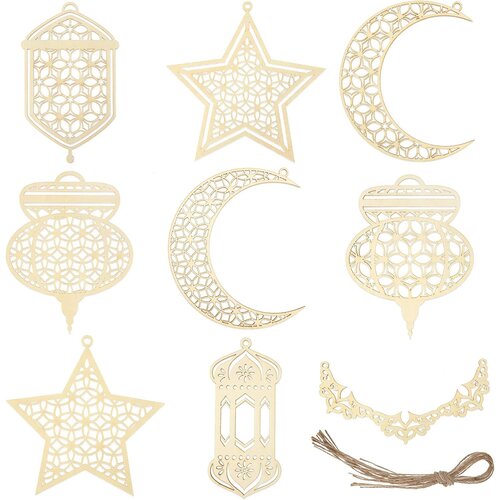 NIKCORP Leseni okraski Ramadan Kareem, komplet 9 kosov, viseča dekoracija v obliki lune, zvezde in lanterne, naravni les z vrvico, (5000156480) Cene
