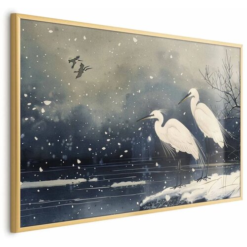  Plakat - Herons over a Winter Pond - illustration in the Japanese style in dark colors 30x21 Zlatni okvir Cene