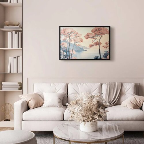  Plakat - Ocean Cliffs and Trees  Delicate Motif in Pastel Colors 60x40 Crni okvir Cijene