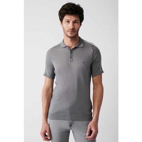 Avva Men's Gray Polo Neck Stripe Detailed Shoulder Ribbed Standard Fit Regular Cut Knitwear T-shirt Slike