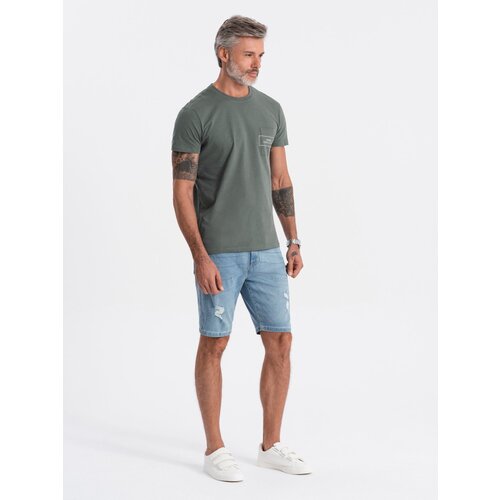 Ombre Men's denim short shorts with holes - light blue Cene