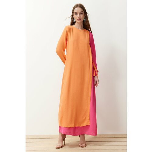 Trendyol orange color blocked waist tie detailed aerobin woven dress Cene