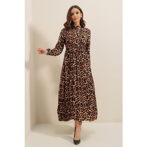 By Saygı Front Buttoned Tied Waist Leopard Pattern Long Viscose Dress Brown Slike
