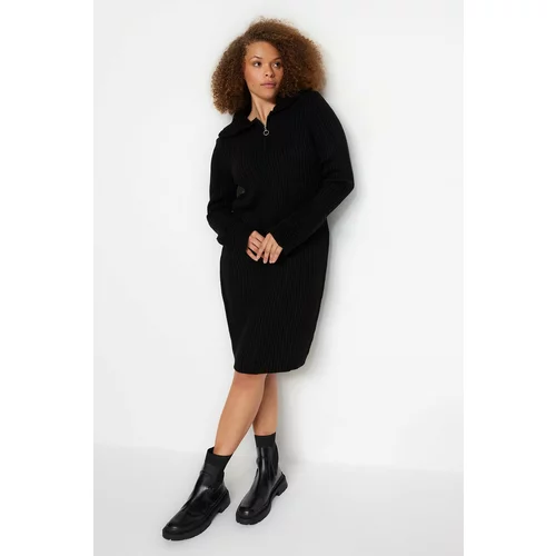 Trendyol Curve Black Plush Detailed Sweater Dress With Zip Closure