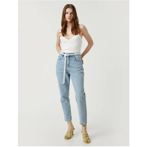 Koton High Waisted Jeans with Belt and Slightly Skinny Legs - Mom Jeans
