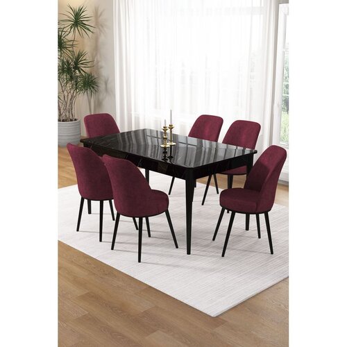 Hanah home trpezarijski set Pir, sto i 6 stolica, ploča u dekoru crnog mermera, bordo tkanina Babyface Cene