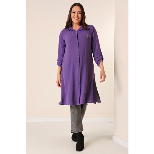 By Saygı Front Buttoned Three Quarter Sleeve Pearl Detailed Plus Size Ayrobin Long Tunic Slike
