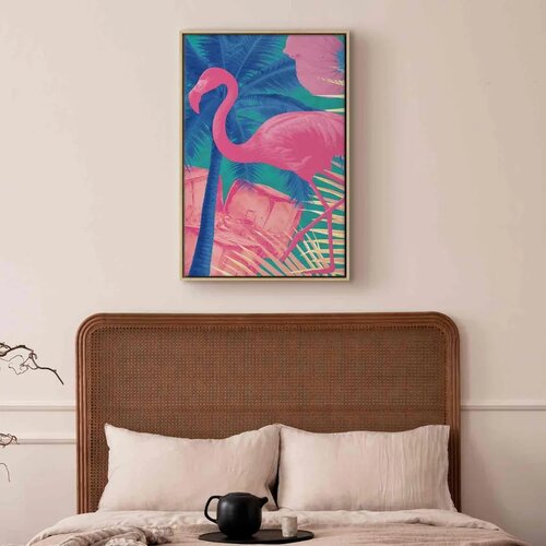  Slika - Pink Flamingo - Abstract Flamingo Against Palms and Ice Cubes 80x120 U prirodnom drvenom okviru Slike
