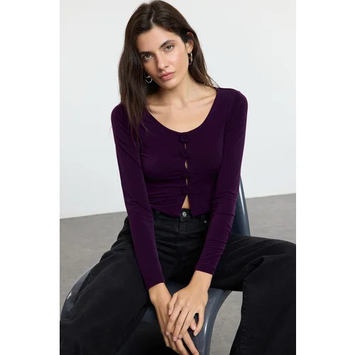  Purple Fitted/Fits Body Rose Detailed Flexible Knitted Blouse