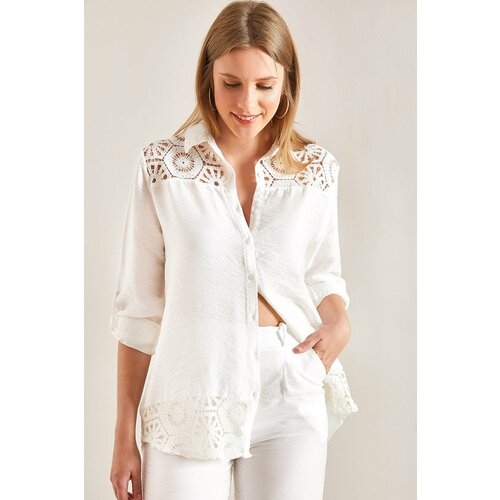 Bianco Lucci Women's Lace Patterned Fold Sleeve Shirt Slike