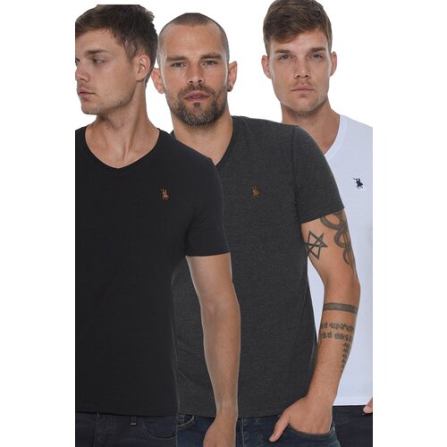 Dewberry TRIPLE SET T8568 V-NECK MEN'S T-SHIRT-BLACK-WHITE-ANTHRACITE Cene