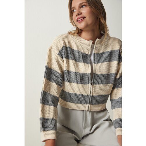 Happiness İstanbul Women's Cream Gray Zippered Striped Knitwear Cardigan Slike