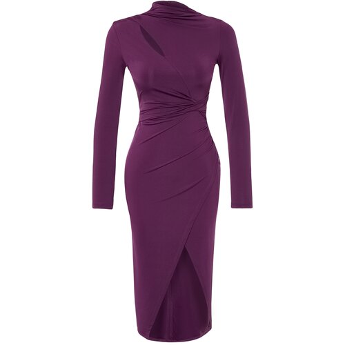 Trendyol Plum Purple Fitted Evening Dress with Window/Cut Out Details Slike