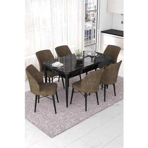 Hanah home nef - black marble, brown black marblebrown extendable dining table & chairs set (7 pieces) Cene