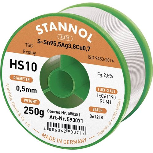 Stannol HS10 2510 spajkalna žica\, neosvinčena tuljava Sn95\,5Ag3\,8Cu0\,7 ROM1 250 g 0.5 mm, (20428447) Slike