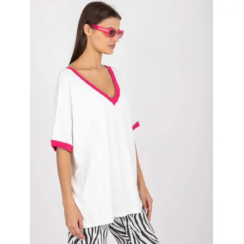 Fashion Hunters White and pink viscose casual blouse with short sleeves