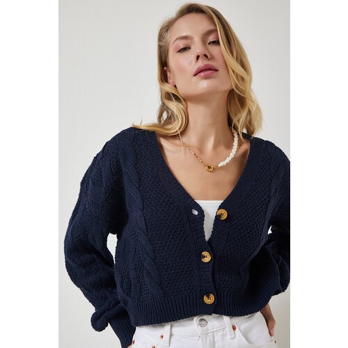 Women's Navy Blue Motif Buttoned Crop Knitwear Cardigan Slike