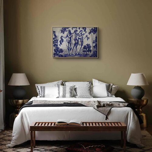  Slika - Ancient vineyard - three women in a portal painted with blue ink 90x60 U prirodnom drvenom okviru Slike