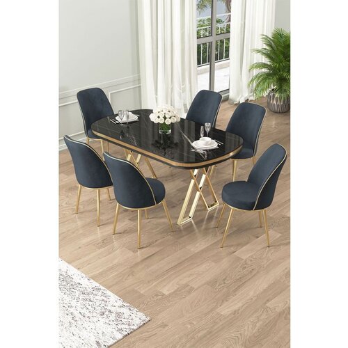 Hanah home Lai - Black Marble, Gold, Anthracite Black MarlbeGoldAnthracite Dining Table & Chairs Set (7 Pieces) Cene