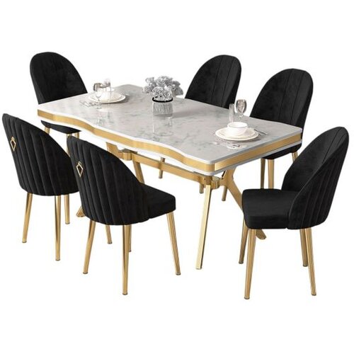 Hanah home trpezarijski set Pem, sto i 6 stolica, ploča u dekoru belog mermera, zlatne noge, crna tkanina Babyface Cene