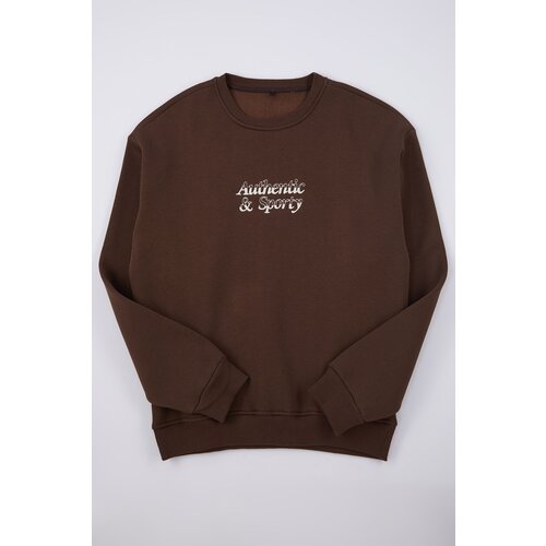 Trendyol Dark Brown Oversize/Wide Cut Embroidered Sweatshirt with Fleece Inside Slike