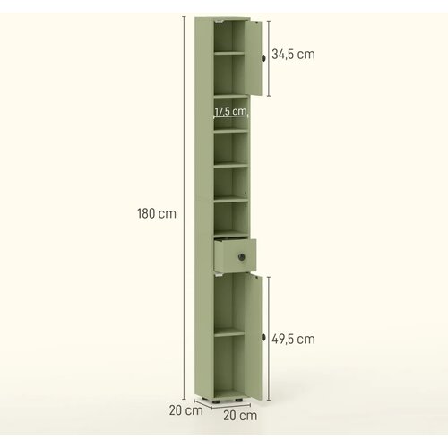  Uski kupaonski ormarić s ladicom i 4 otvorena pretinca za male prostore 20 x 20 x 180 cm zeleni Slike