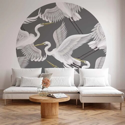  Okrugla fototapeta - Pastel birds – a delicate pattern of white and grey herons on a light pink background 140x140 Cene