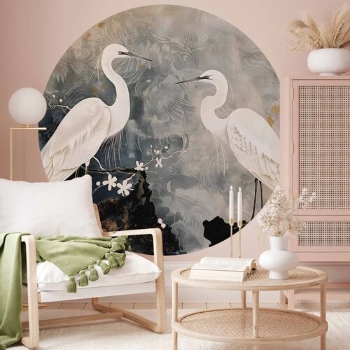  Okrugla fototapeta - Herons and cherry blossoms - oriental-style illustration depicting birds 140x140 Cene