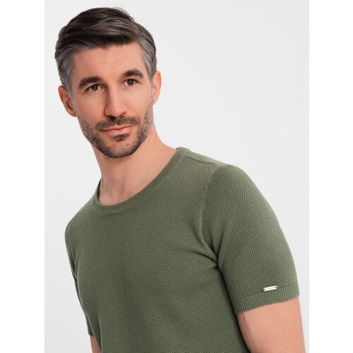 Ombre Men's knitted t-shirt with fine texture - olive Cene
