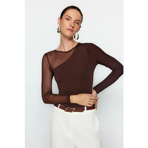 Trendyol Brown Tulle Detailed Knitted Body with Snap fastener