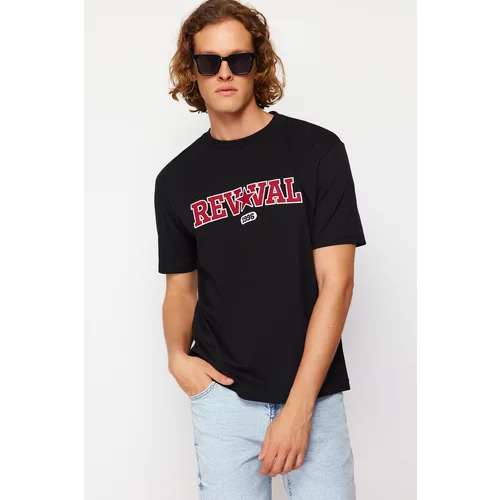 Trendyol Men's Black Relaxed/Comfortable Cut Text Embroidery Appliqué 100% Cotton Short Sleeve T-Shirt