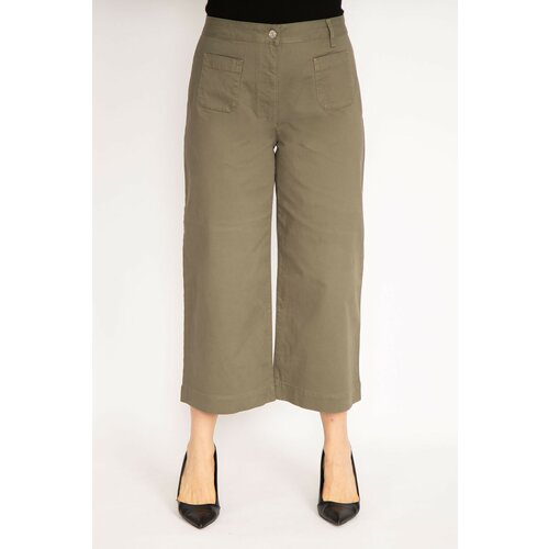 Şans Women's Large Size Khaki Lycra Gabardine Fabric Front Pocket Trousers Slike