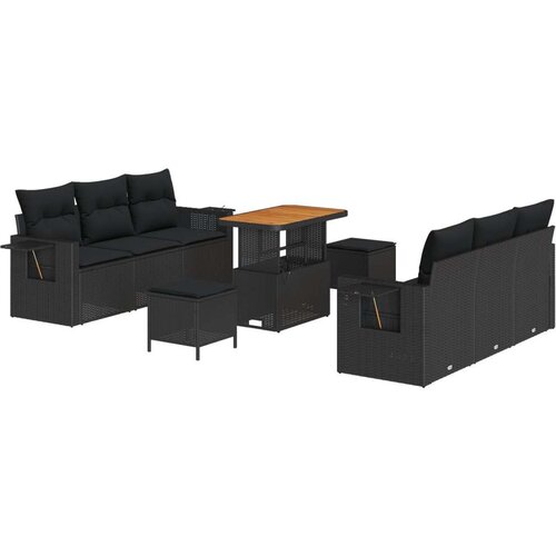  9-dijelni set vrtnog kauča s jastučićima crni poli ratan akacija 3-dijelni set vrtnog stola s jastučićima crni poli ratan akaci Slike