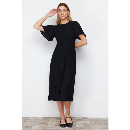 Trendyol Black A-line Crew Neck Back Button Detail Woven Midi Dress Slike