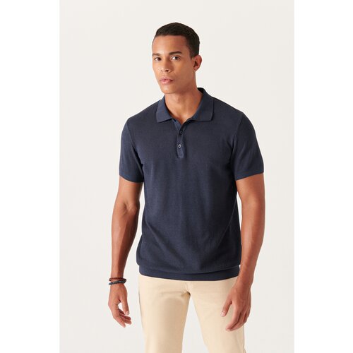 Avva Men's Navy Blue Polo Collar Textured Ribbed Standard Fit Regular Cut Knitwear T-shirt Slike