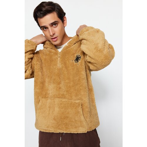 Trendyol Beige Men's Oversize Half-Zip Hooded Minimal Logo Embroidered Warm Plush Sweatshirt. Cene