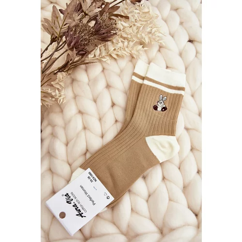 Kesi Women's socks with stripes and bunny, beige