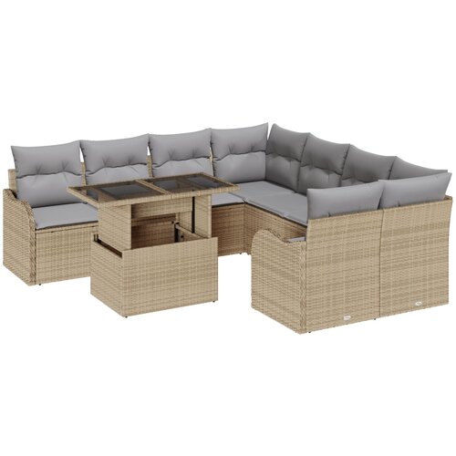 VidaXL 9-dijelni set vrtnih sofa s jastučićima bež poli ratan, dvosed vrtne sofe s jastučićima bež poli ratan Slike
