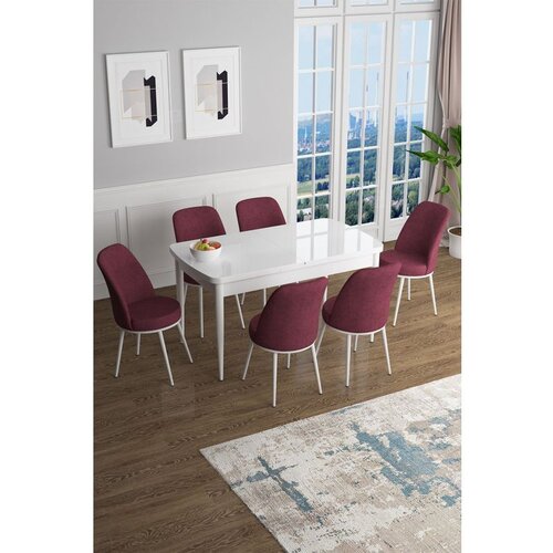 Hanah home Han - White, Burgundy WhiteBurgundy Extendable Dining Table & Chairs Set (7 Pieces) Cene