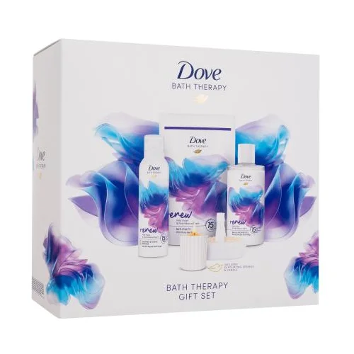 Dove Bath Therapy Gift Set Set gel za tuširanje Bath Therapy Renew 400 ml + četka za tuširanje i brijanje Bath Therapy Renew 200 ml + sol za kupanje Bath Therapy Renew 400 g + mirisna svijeća + spužvica za umivanje i piling za žene